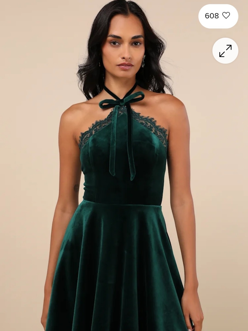 Lulu's Emerald Velvet Halter Lace-Trim Fit & Flare Dress